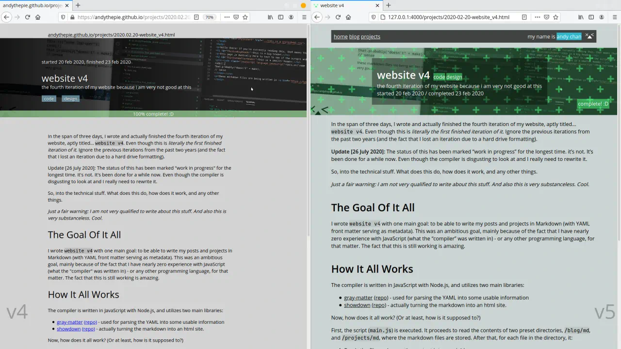 A comparison of website v4 and v5.