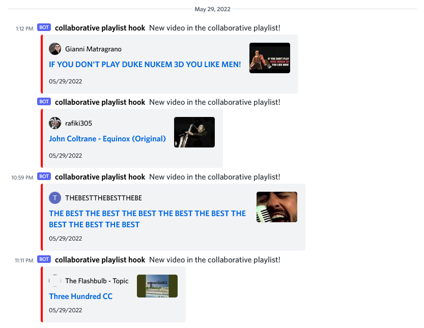 A screenshot of Discord with 4 videos added to the collaborative playlist.